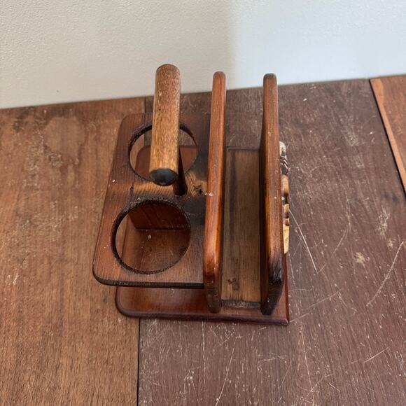 Vintage‎ Retro Wood Caddy Napkins Salt Pepper Shaker with handle - Picture 4 of 10